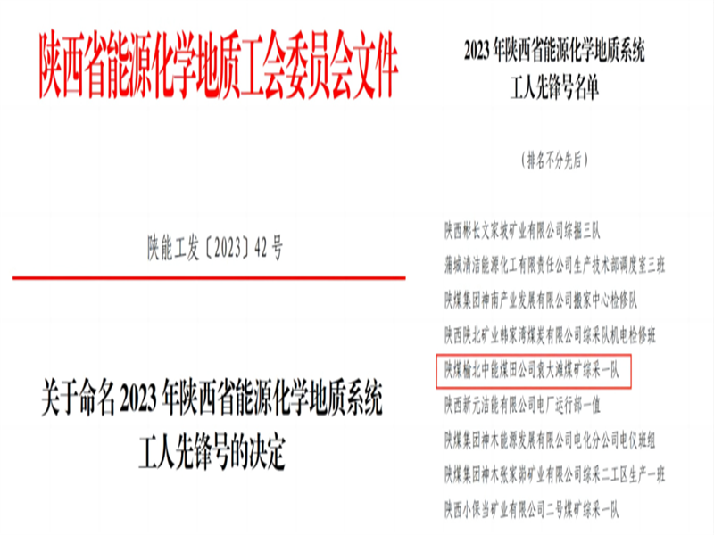 喜訊！中能袁大灘煤礦綜采一隊獲2023年陜西省能源化學(xué)地質(zhì)工會“工人先鋒號”榮譽(yù)稱號.png